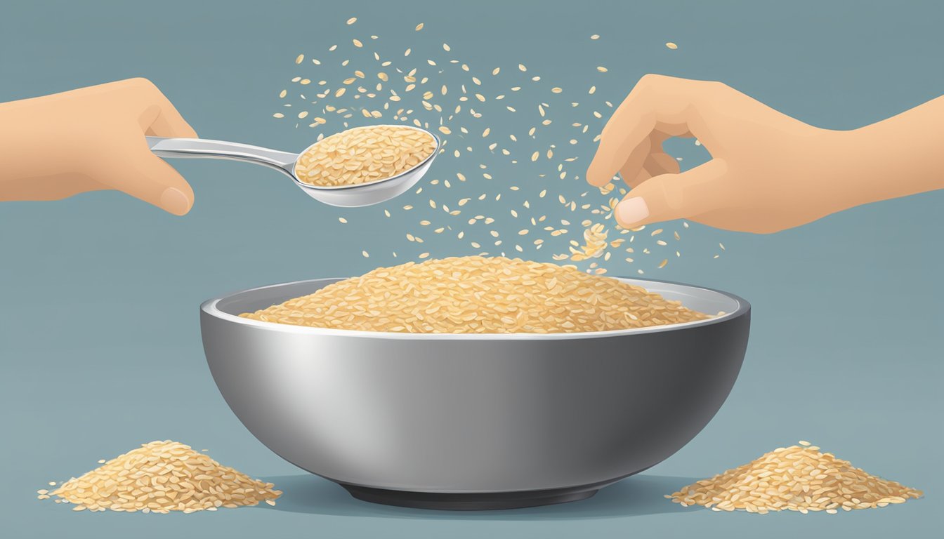 A bowl of steel cut oats transforming into a bowl of quick oats. A measuring cup pouring oats into a mixing bowl