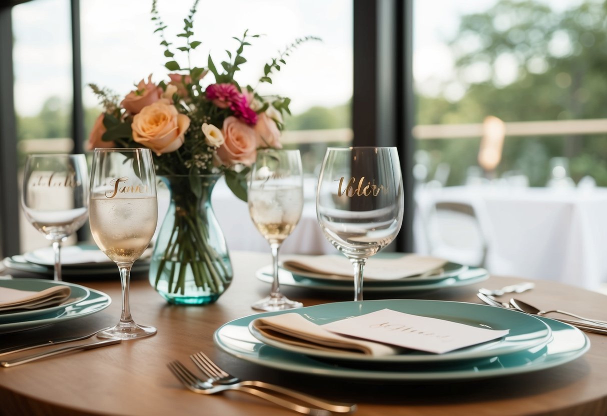 A table set for two with personalized place settings and a vase of flowers