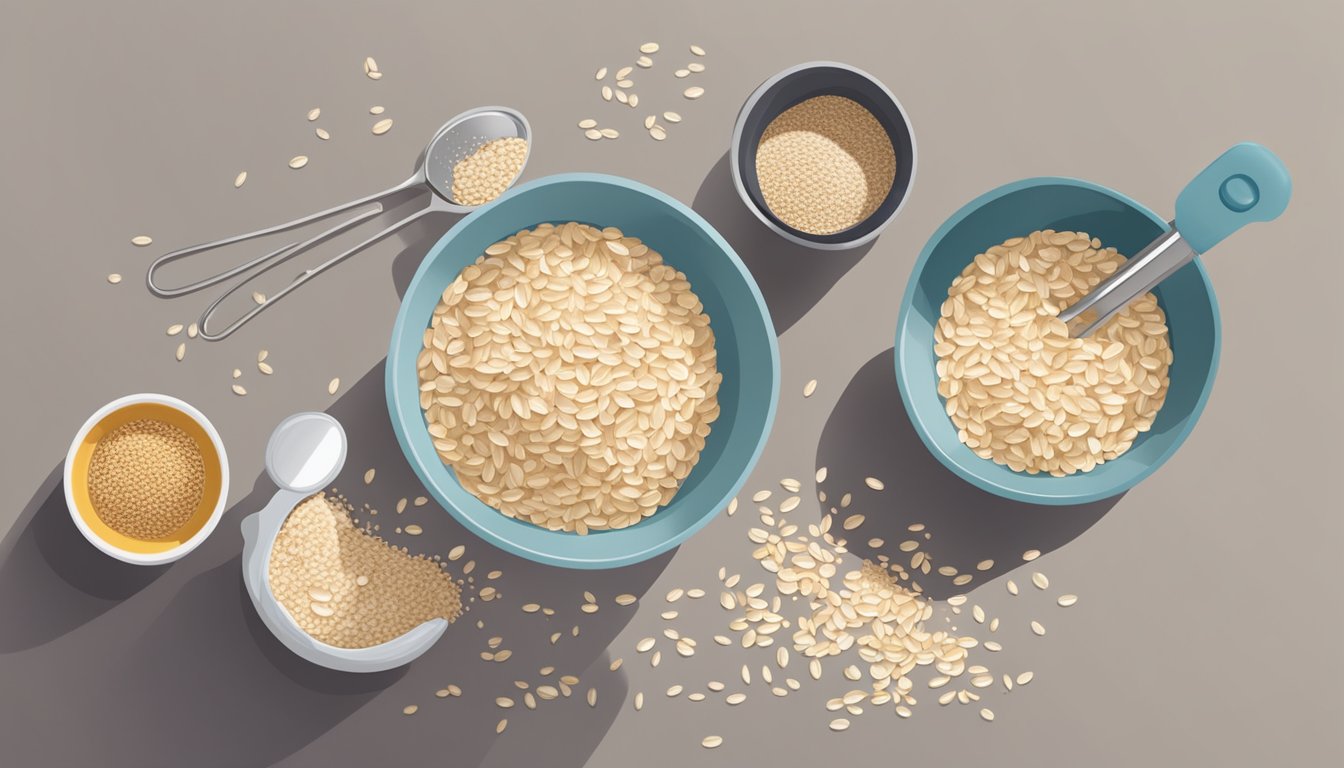 A bowl of steel cut oats pouring into a measuring cup, next to a bowl of quick oats. Ingredients and measuring spoons scattered on the counter