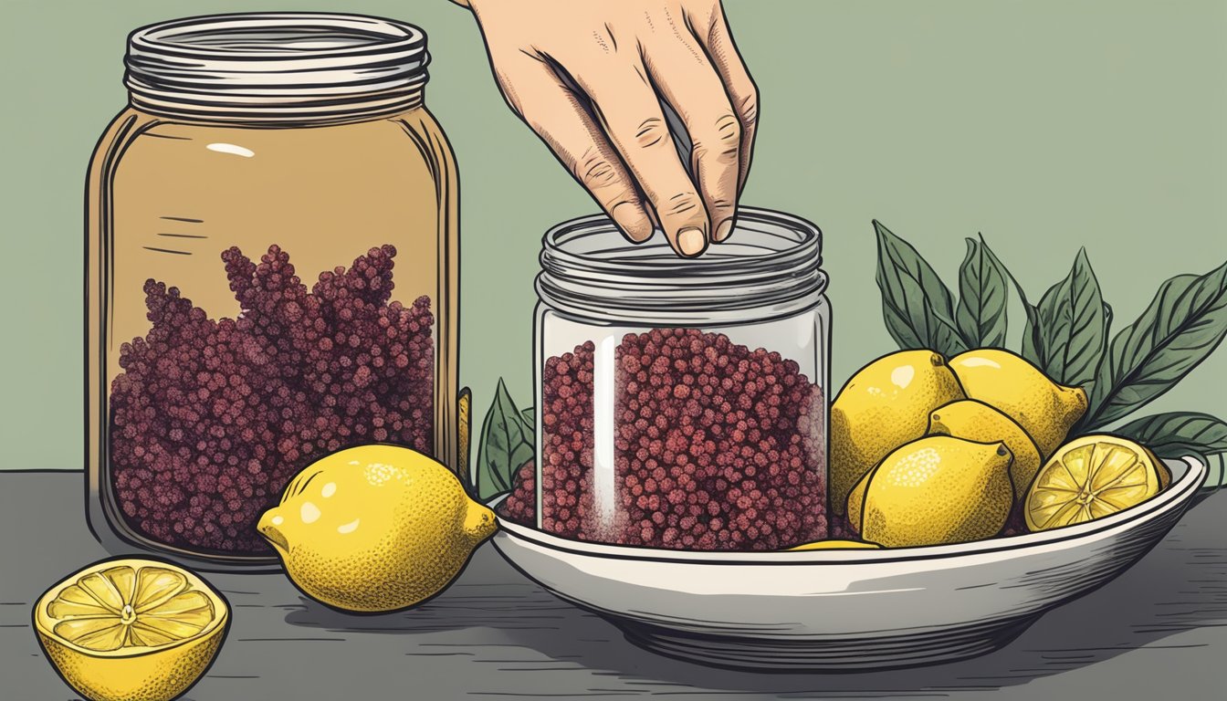 A hand reaching for a jar of sumac next to a bowl of lemons