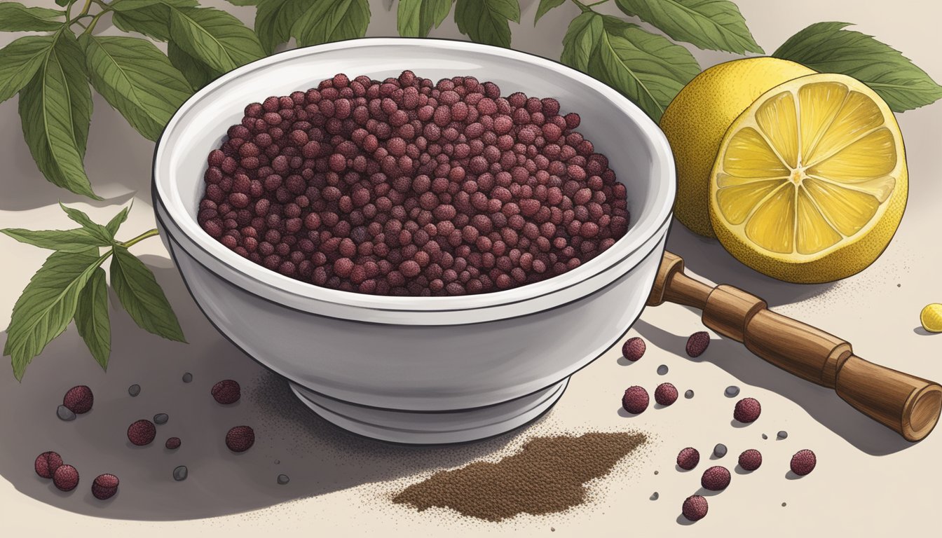 A bowl of sumac berries being ground into a fine powder with a mortar and pestle, with a lemon sitting nearby