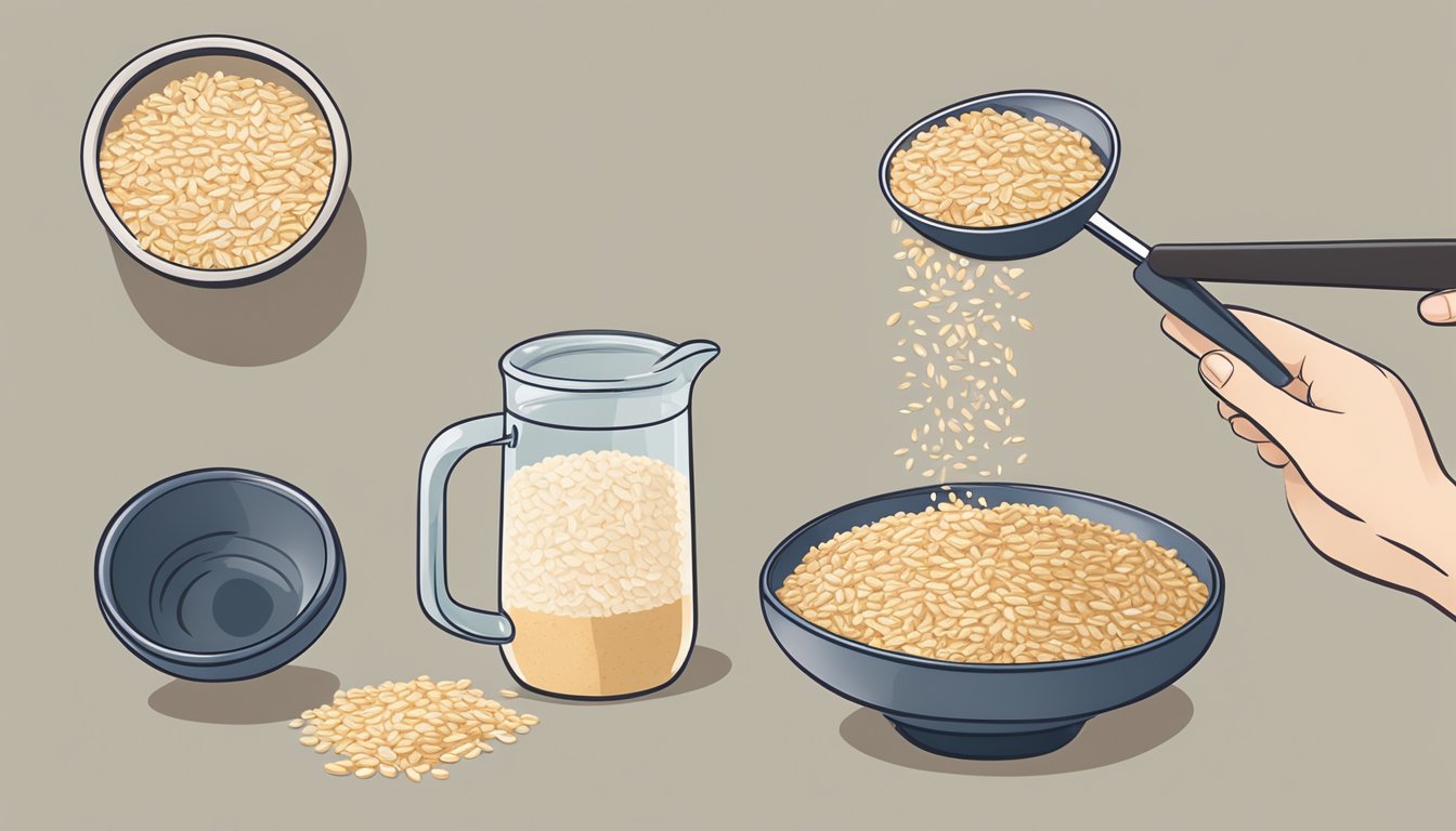 A person pouring steel cut oats into a bowl, next to a bag of quick oats with a measuring cup and a spoon, indicating the process of substituting one for the other