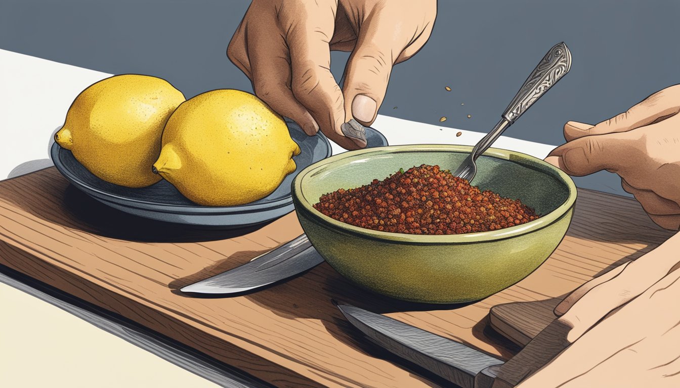 A hand reaching for a small bowl of sumac and a lemon, with a knife and cutting board nearby