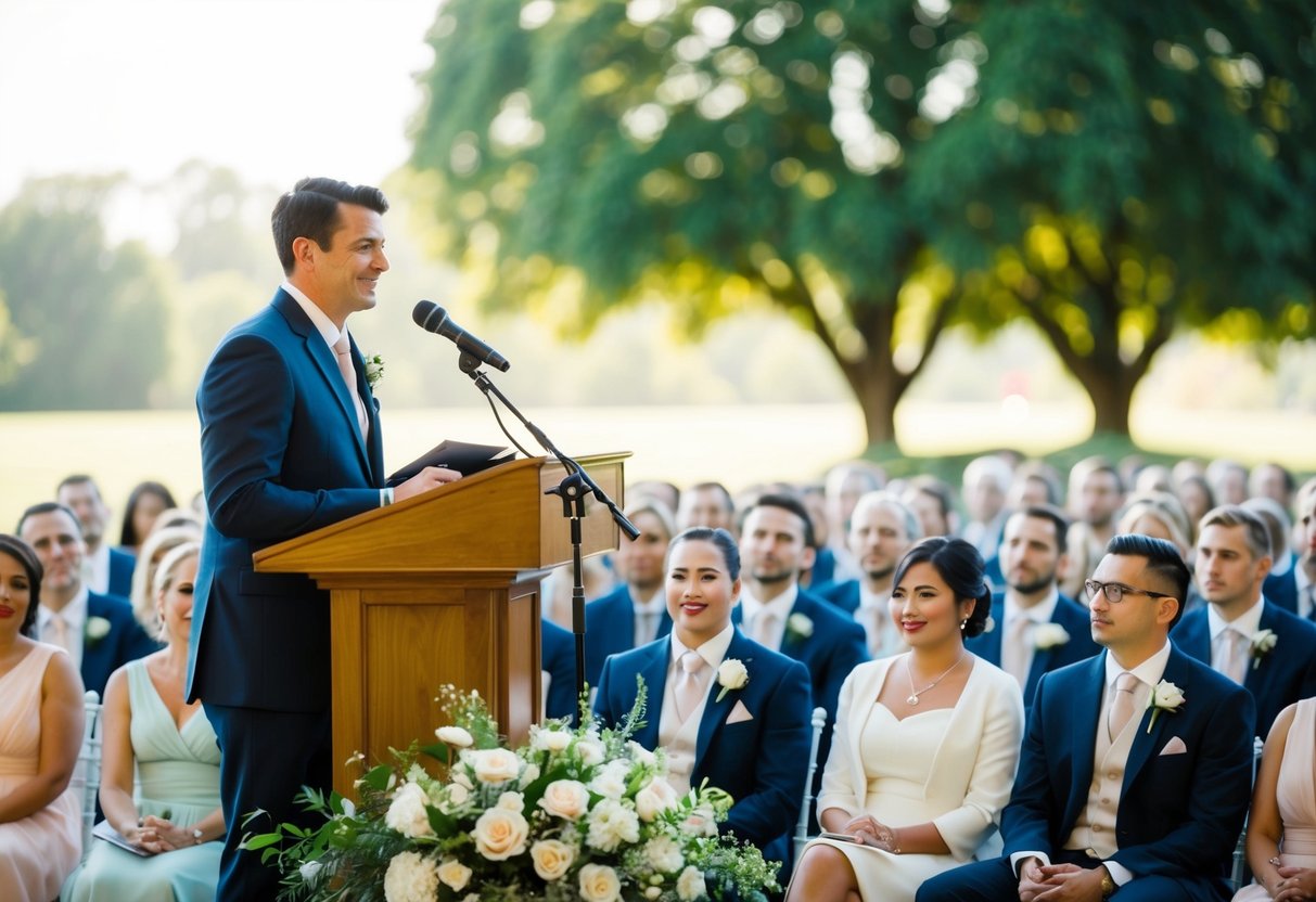 A wedding scene with a podium, microphone, and audience
