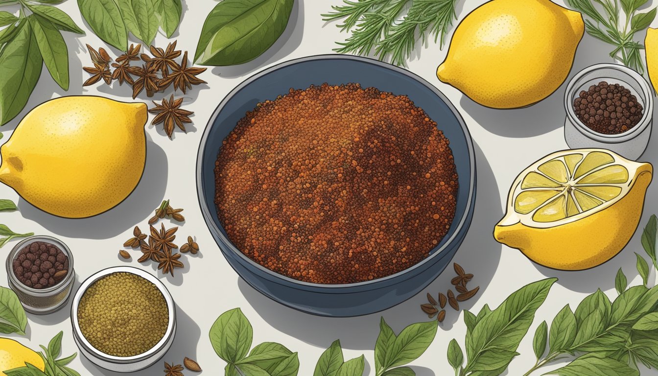 A bowl of sumac sits next to a pile of fresh lemons and a grater, surrounded by various herbs and spices