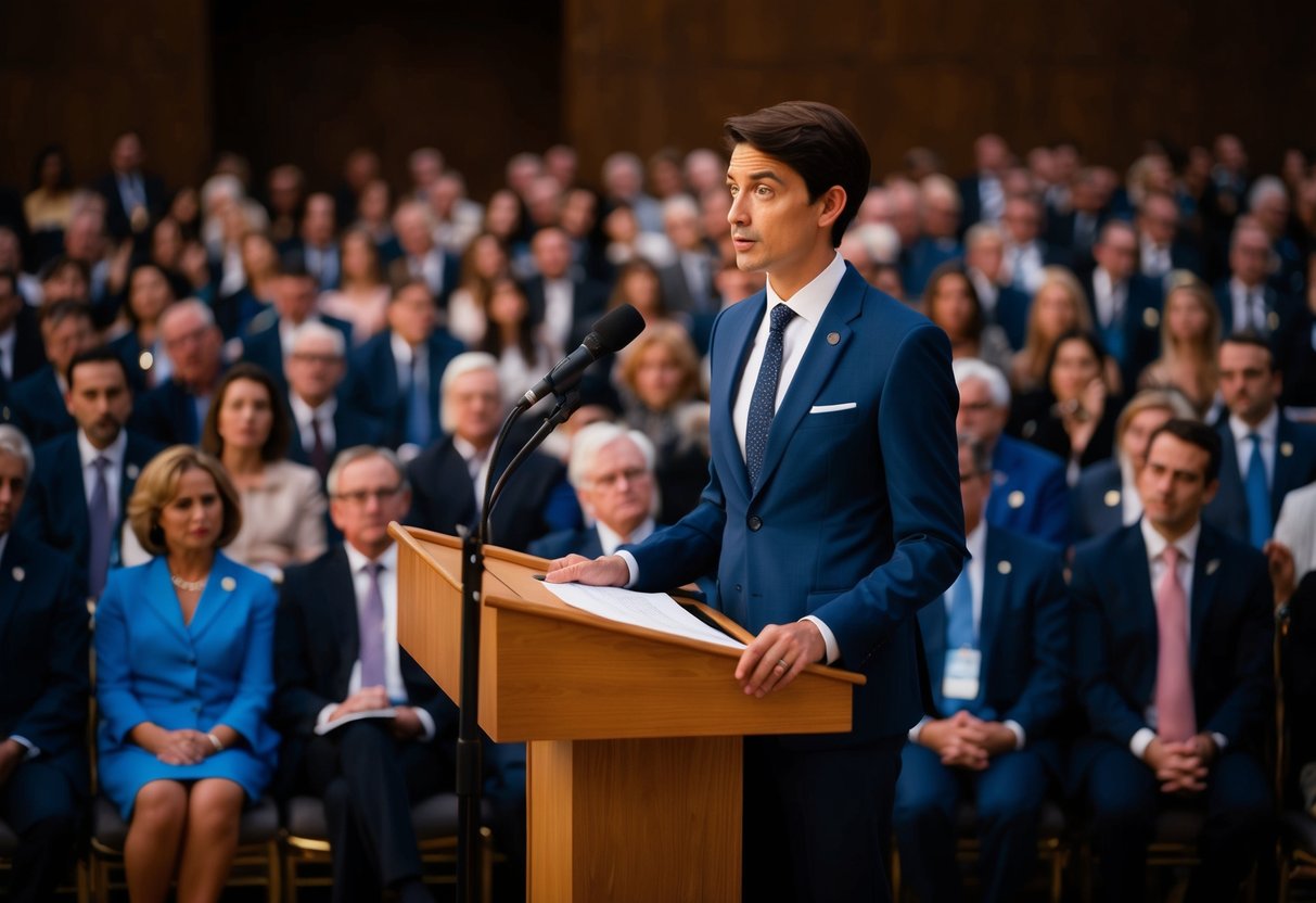 A person standing at a podium with a microphone, surrounded by a crowd of seated guests, holding a piece of paper and looking nervous