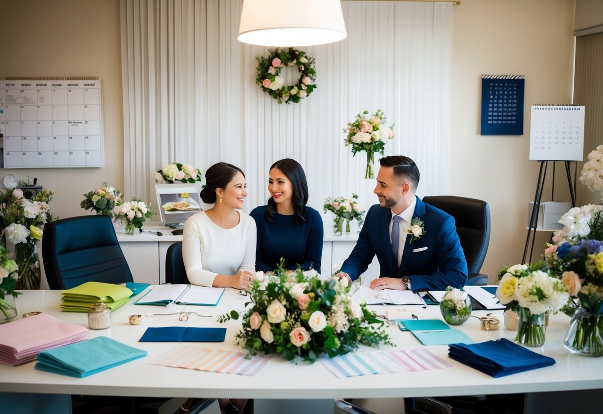 A bustling wedding planning office with calendars, fabric swatches, and floral arrangements scattered across the desk. A couple sits with a consultant, discussing details for their upcoming event