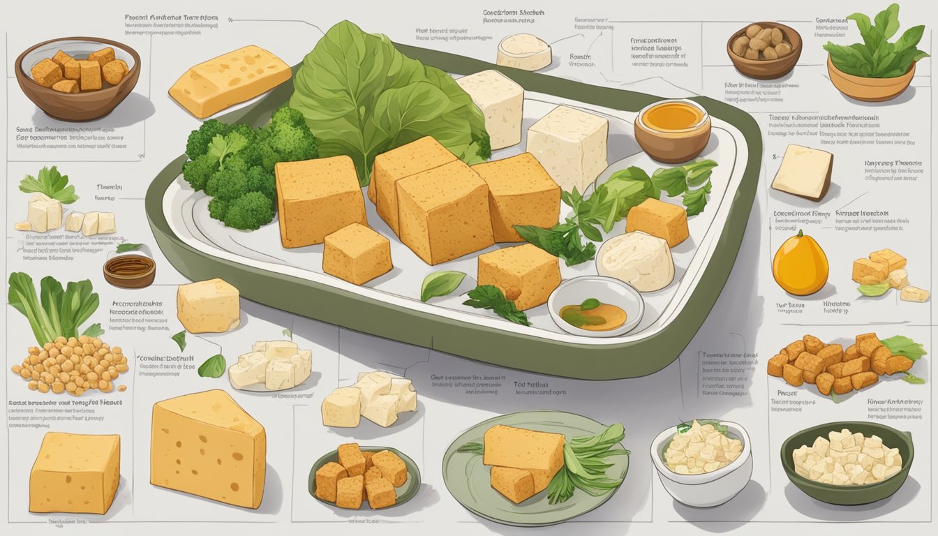 A plate with tofu and tempeh, surrounded by various ingredients and nutritional information charts