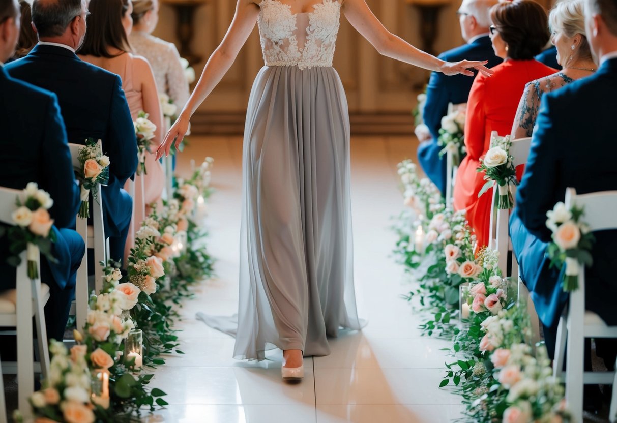 A figure glides down a flower-lined aisle, feet barely touching the ground, arms outstretched in a fluid, elegant motion