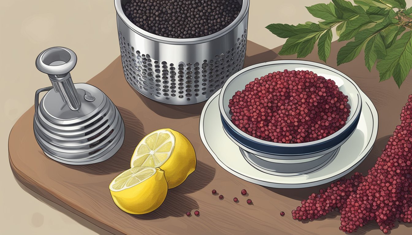 A bowl of sumac berries next to a grater, with a lemon and a zester in the background