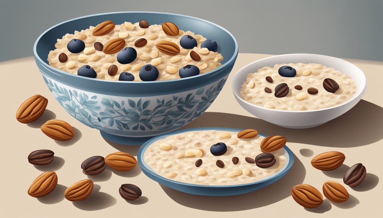 A bowl of oatmeal with sultanas next to a bowl of oatmeal with raisins, surrounded by various fruits and nuts