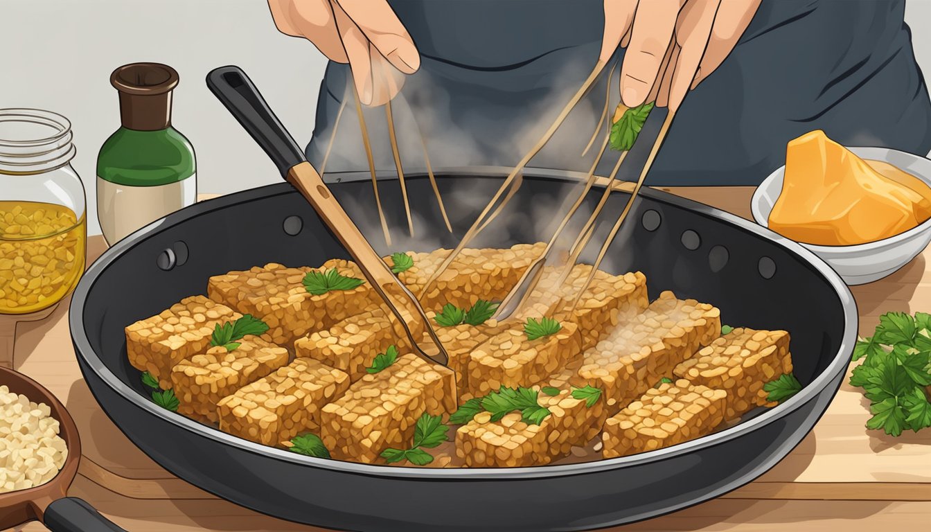 Sautéing tempeh in a hot skillet with oil, garlic, and soy sauce. Chopping and marinating tempeh in a flavorful sauce