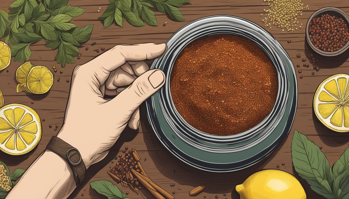 A hand reaching for a jar of sumac next to a bowl of lemon zest, surrounded by various spices and herbs on a wooden table