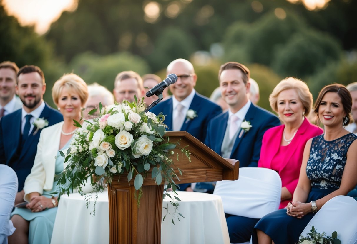 A wedding podium with a microphone and flowers, surrounded by guests in formal attire