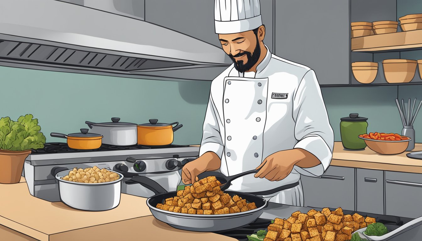 A chef sautés tempeh in a pan, then adds it to a stir-fry, replacing tofu. The tempeh absorbs the flavors and adds a nutty texture to the dish