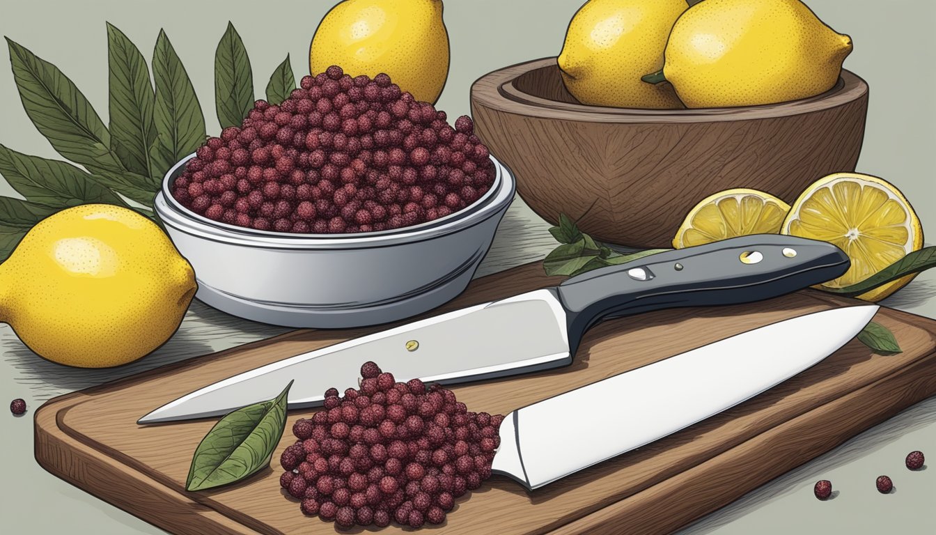 A small dish of sumac berries next to a zester and a pile of lemons, with a chef's knife and cutting board in the background