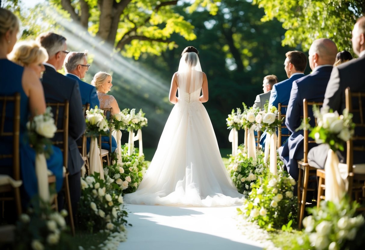 A figure glides down a flower-lined aisle, their flowing gown trailing behind them, as sunlight streams through the trees overhead