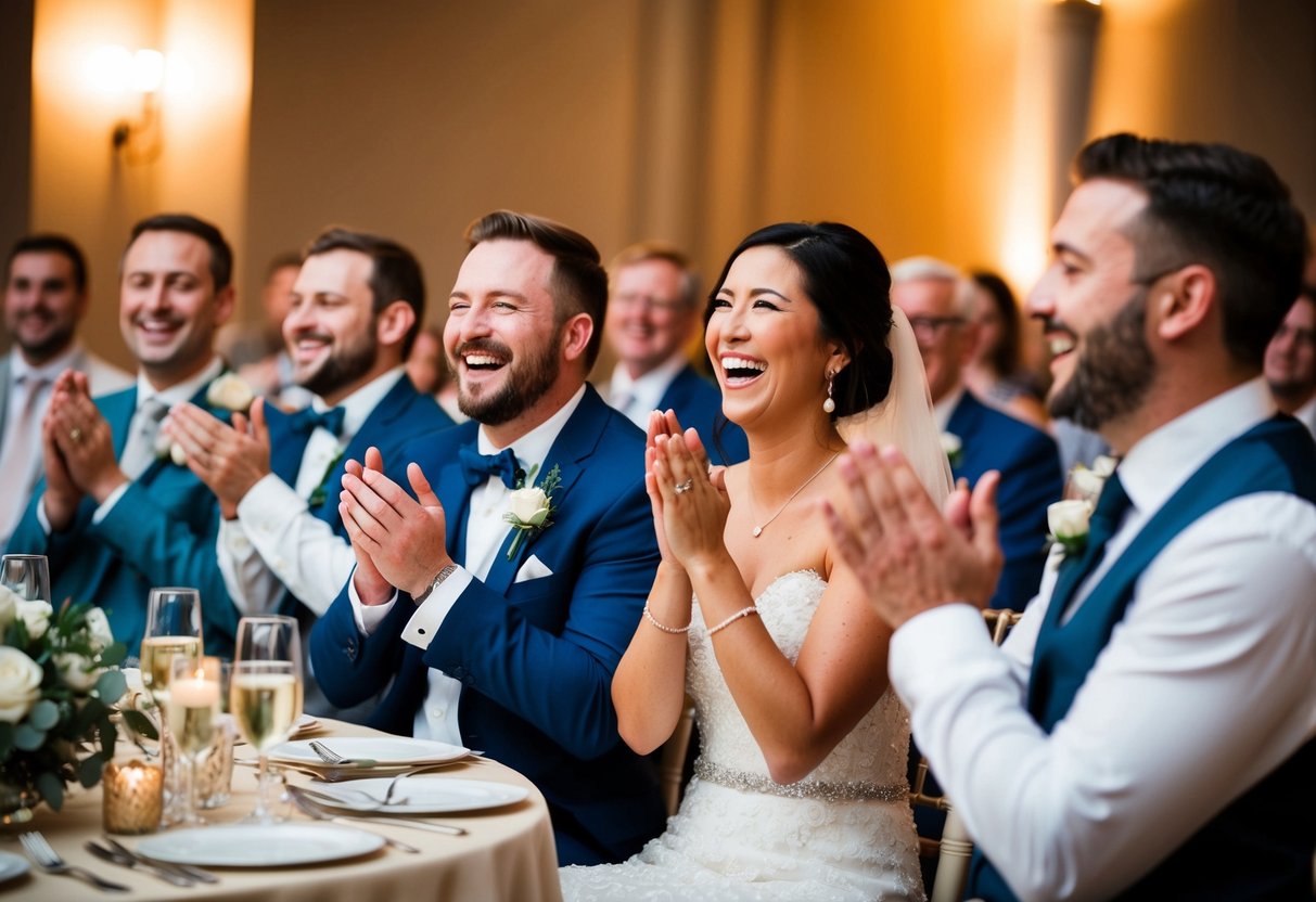 Guests laughing and clapping as a couple joyfully skips traditional speeches at a wedding reception
