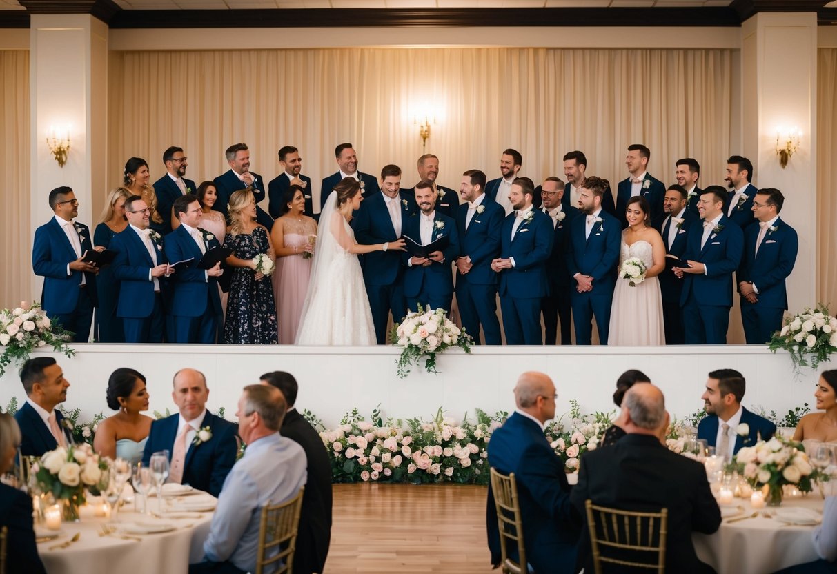 A group of people gathered in a wedding reception hall, with a raised platform at the front for speeches. The room is decorated with flowers and elegant table settings