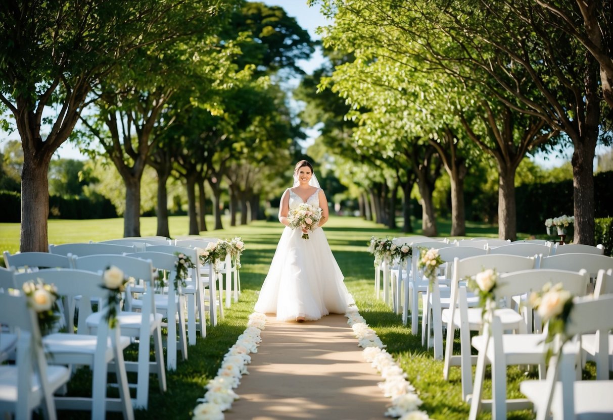 A bride walks down a flower-lined aisle, sunlight streaming through trees, casting dappled shadows on the path