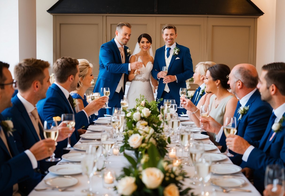 Guests seated at tables, clinking glasses, as a couple stands at the front, ready to give their speeches at a wedding