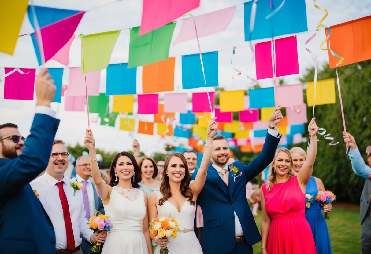 Guests hold up colorful banners and wave streamers, creating a vibrant display of love and support at a wedding