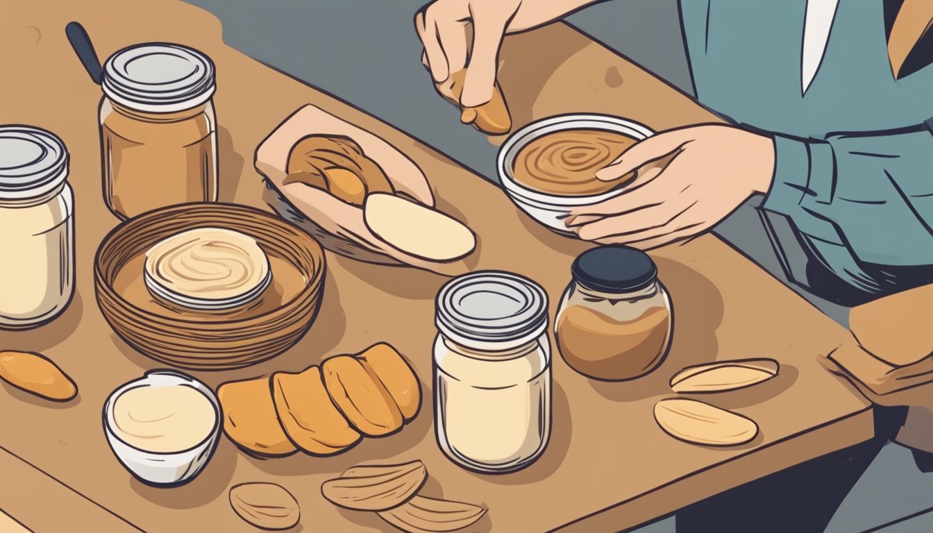 A jar of tahini next to a jar of peanut butter, surrounded by various ingredients and food items, with a person holding a piece of bread and considering the substitution