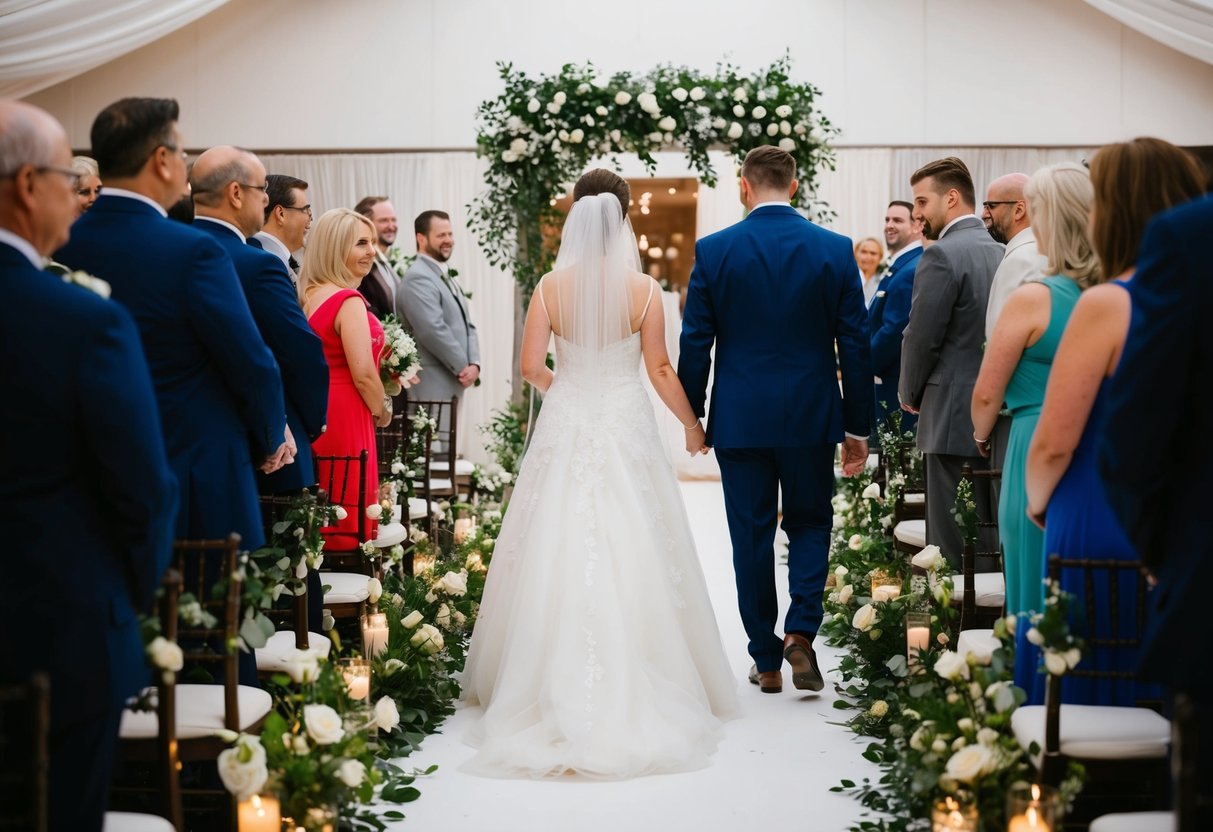 A bride walks down a long aisle towards the ceremony space