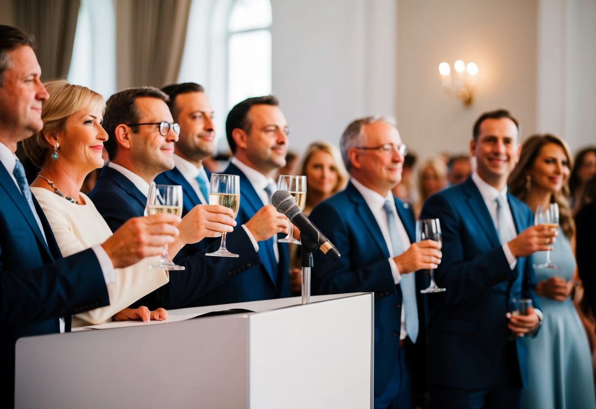 Guests clinking glasses, expectant faces, and a microphone untouched on the podium