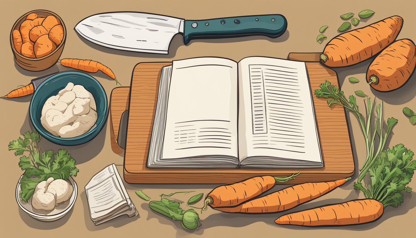 A kitchen counter with sweet potatoes and carrots, a cutting board, knife, and a recipe book open to a page on vegetable substitutions