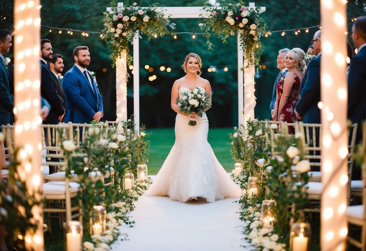 A bride walks down a flower-lined aisle, surrounded by greenery and twinkling lights, with a soft, romantic glow illuminating the path