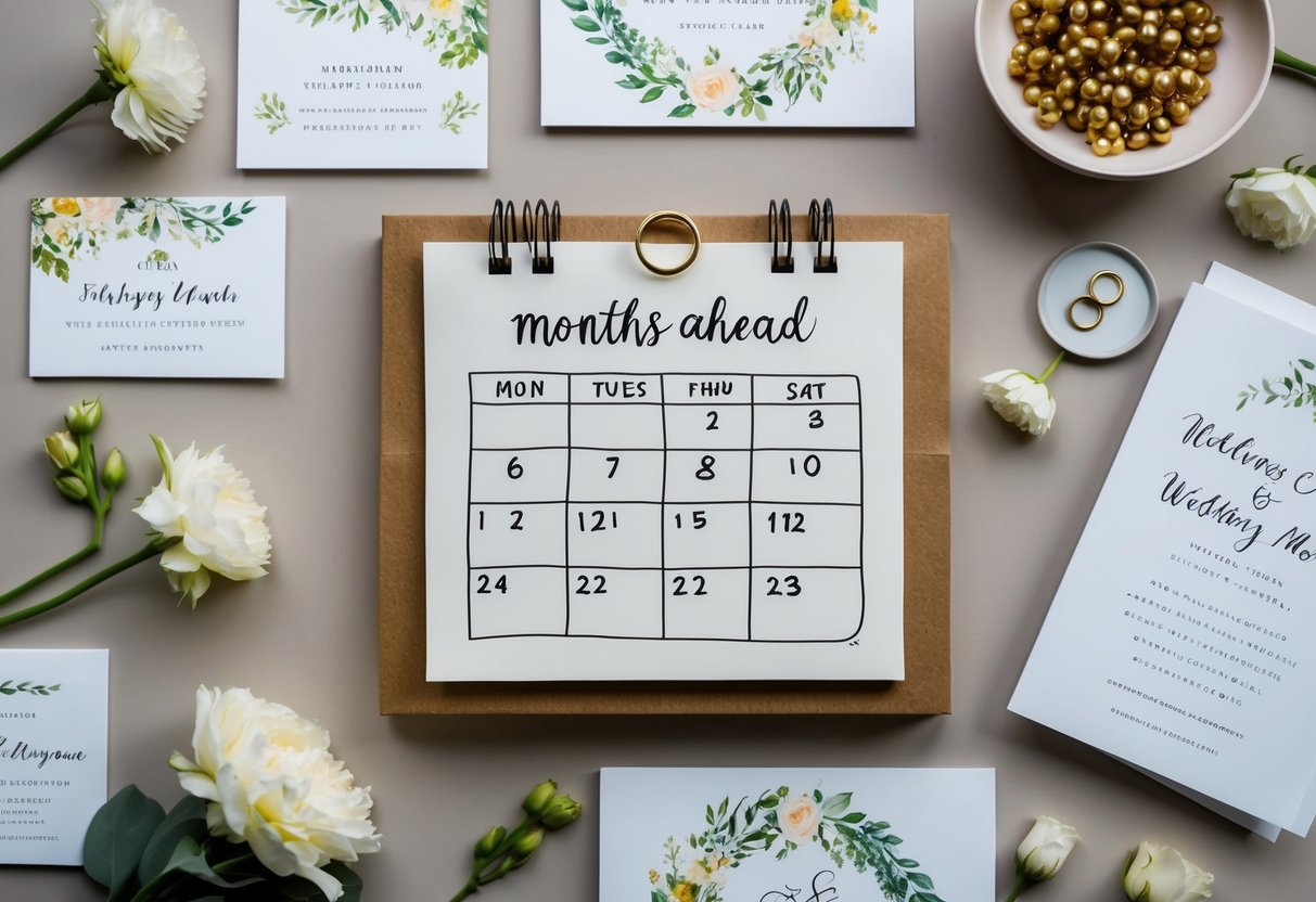 A hand-drawn calendar with the date six months ahead circled, surrounded by elegant wedding invitation designs and floral motifs