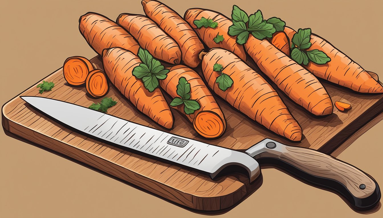 Sliced sweet potatoes and carrots arranged on a cutting board, with a chef's knife and measuring spoons nearby