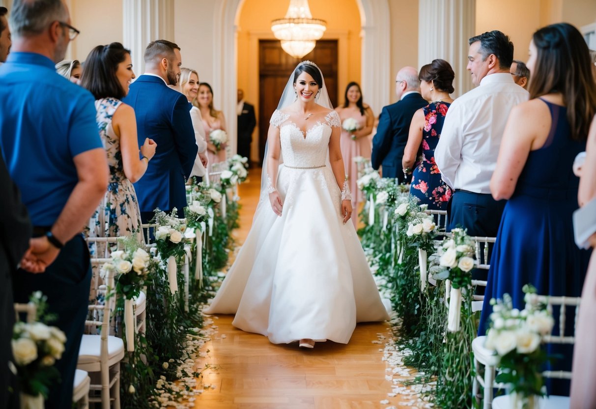 A bride walks down a flower-lined aisle, surrounded by friends and family, practicing her steps in anticipation of her big day