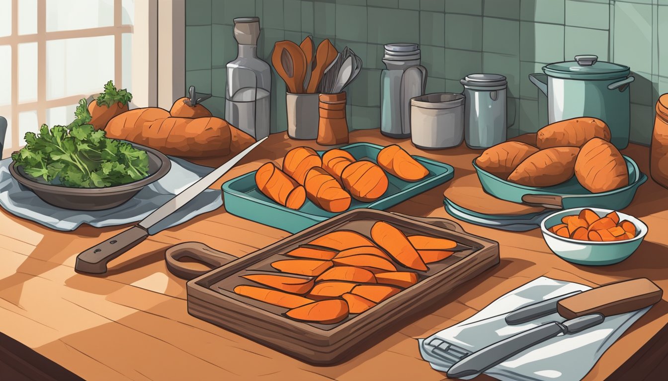 A kitchen counter with sweet potatoes and carrots, a cutting board, knife, and various cooking utensils