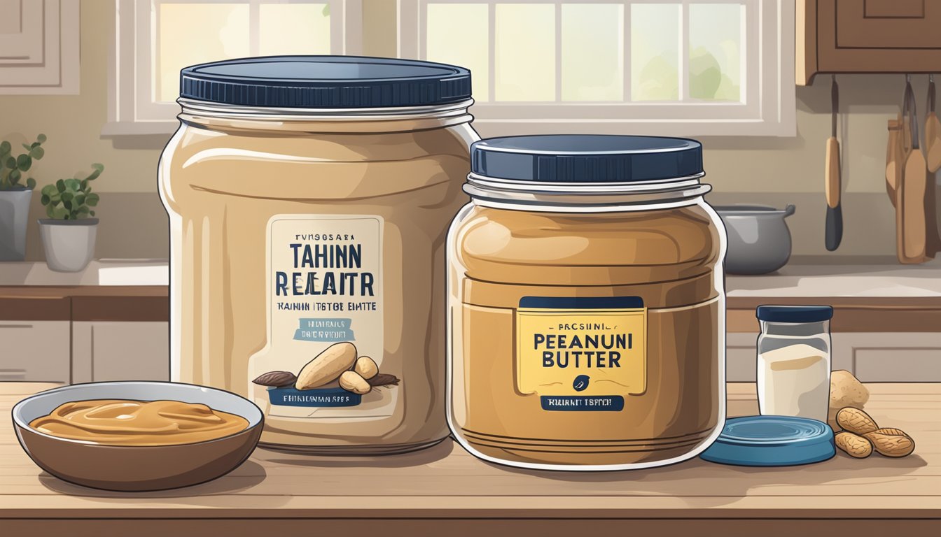 A jar of tahini and a jar of peanut butter on a kitchen counter, surrounded by various ingredients and recipe books