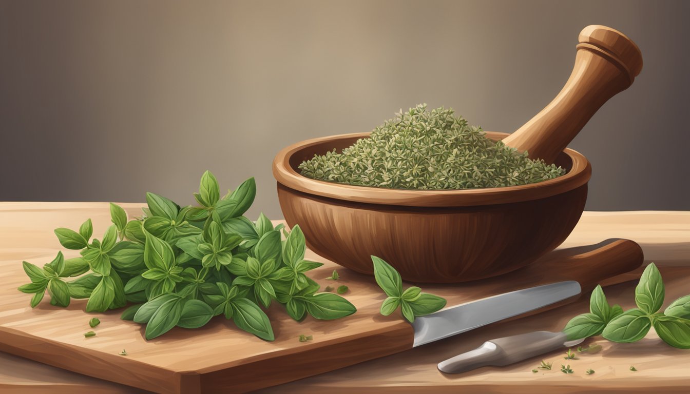 Fresh thyme and oregano sprigs on a cutting board, with a mortar and pestle nearby. A Mediterranean dish in the background