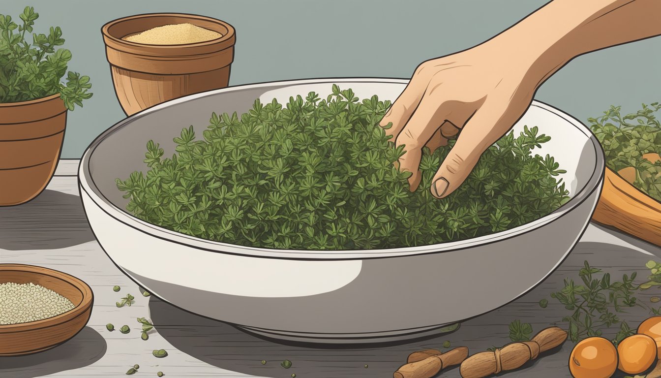 A hand reaching for a sprig of thyme to replace oregano in a bowl of Mediterranean ingredients