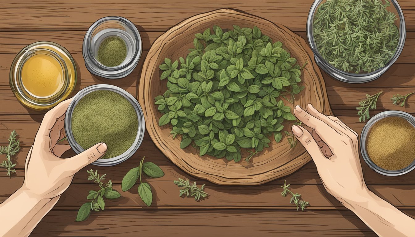 A hand reaching for a sprig of oregano, with a jar of thyme nearby on a rustic wooden table, surrounded by bowls of Mediterranean ingredients