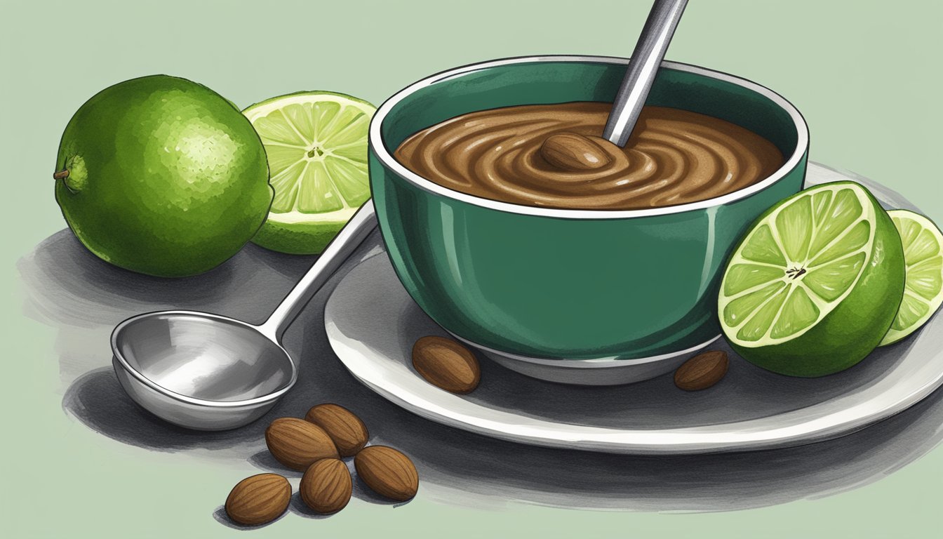 A small bowl of tamarind paste next to a freshly squeezed lime, with a measuring spoon pouring the paste into a measuring cup