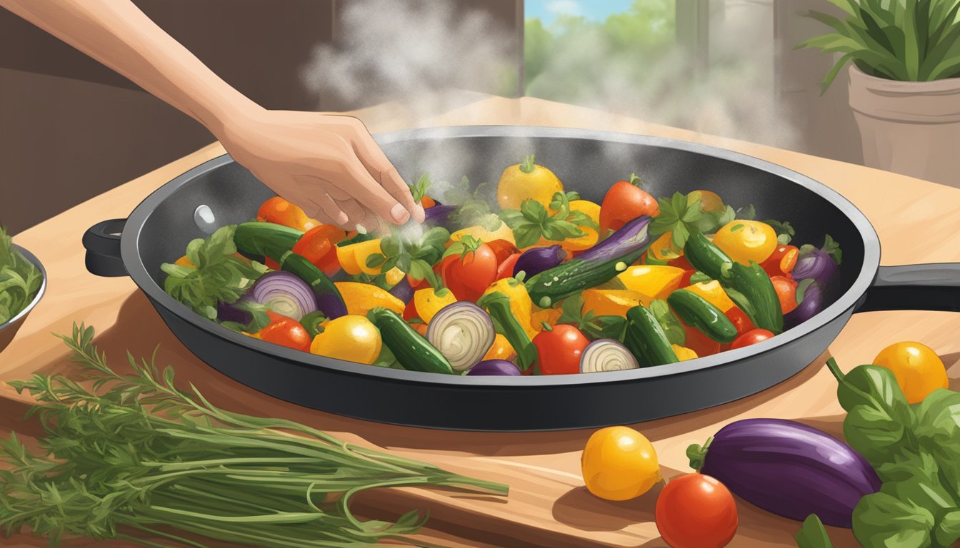 A hand sprinkles fresh thyme over a sizzling pan of Mediterranean vegetables, releasing a fragrant aroma