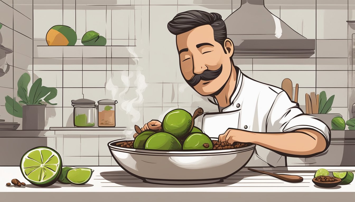 A chef squeezes tamarind paste into a bowl, while a lime sits nearby