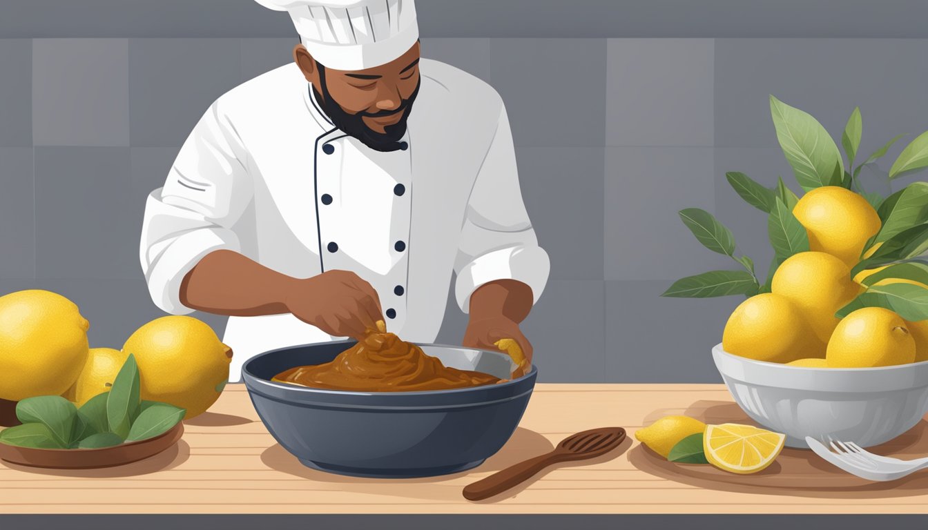 A chef squeezes tamarind paste into a bowl, next to a lemon