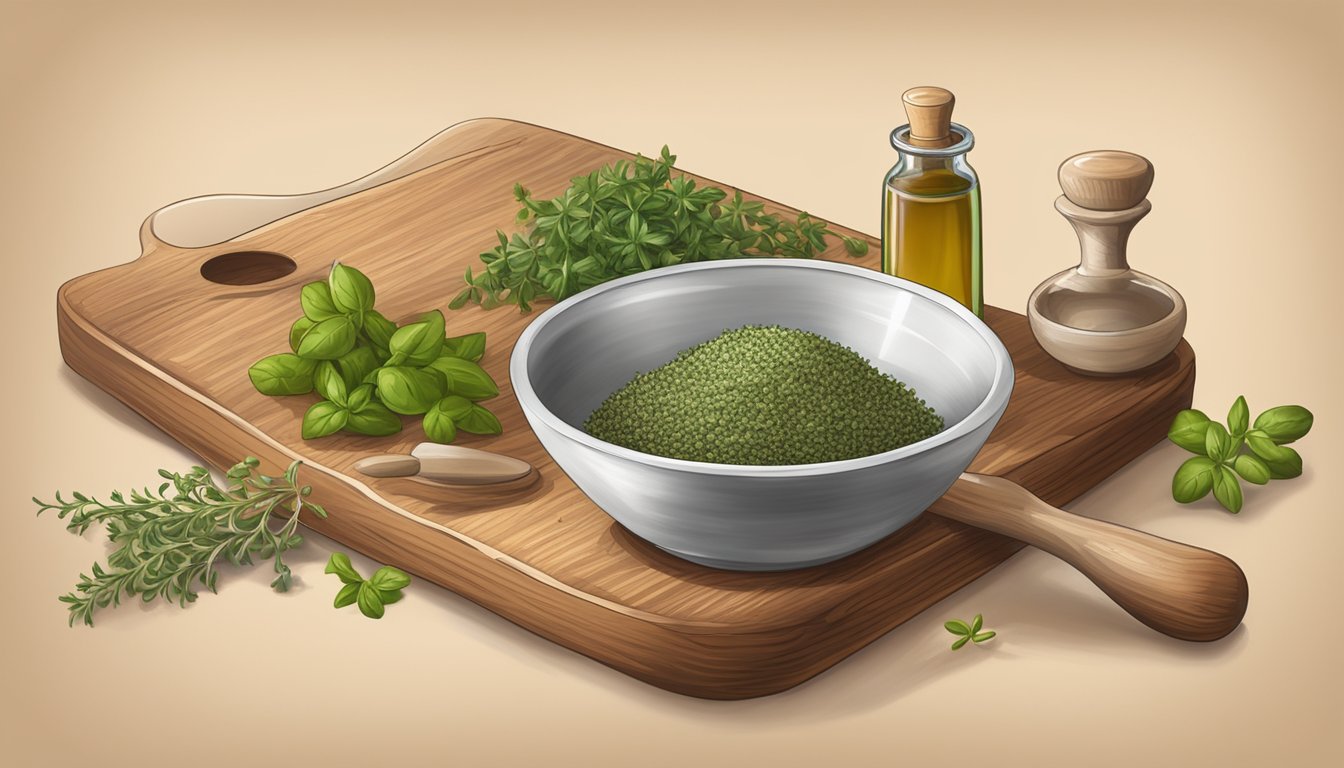 A wooden cutting board with fresh thyme and oregano sprigs, a mortar and pestle, and a Mediterranean dish in the background