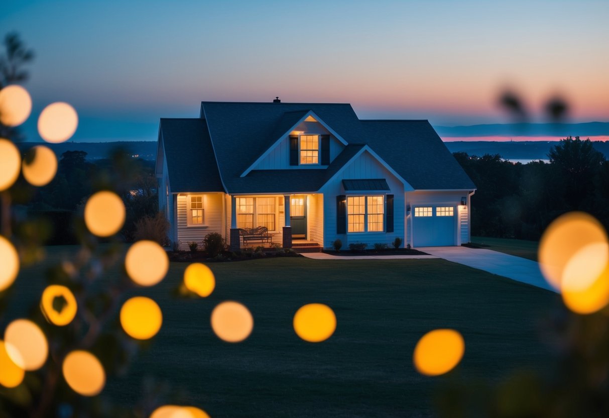 A cozy house with warm lights, surrounded by a serene twilight sky and a hint of sunset colors on the horizon