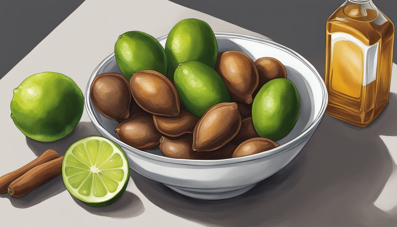 A bowl of ripe tamarind pods next to a lime, vinegar, and sugar on a kitchen counter