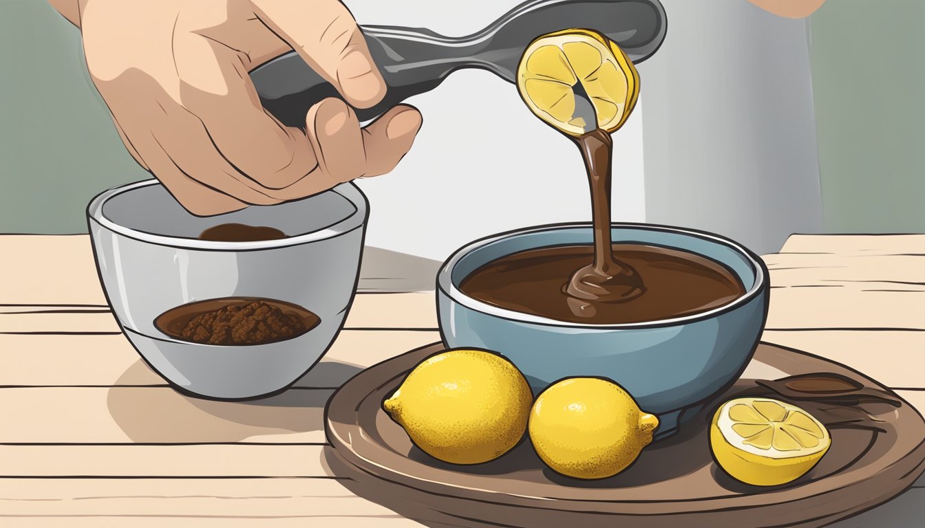 A small bowl of tamarind paste being poured into a measuring spoon, with a lemon sitting next to it