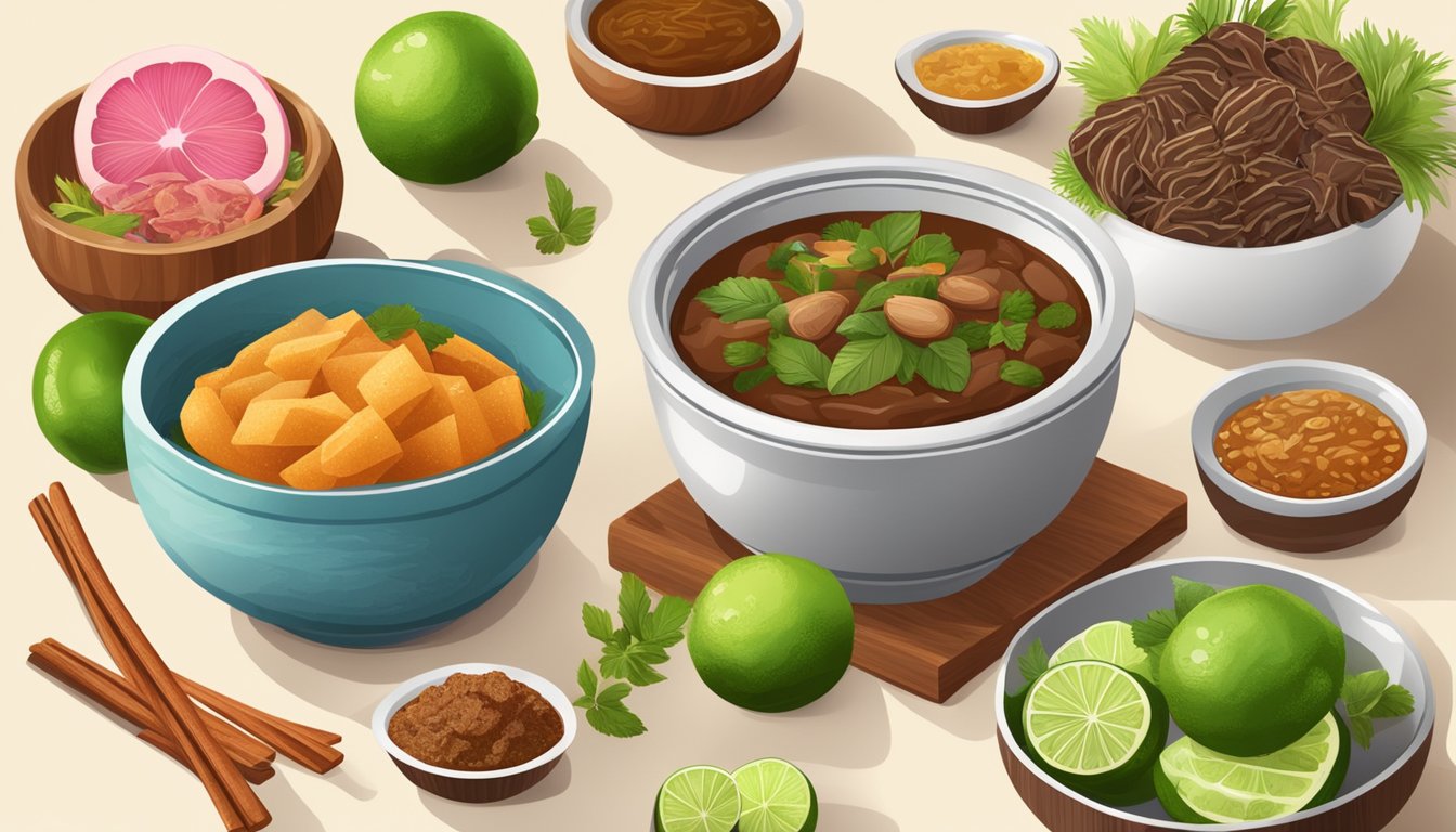 A bowl of tamarind paste and a bowl of lime juice surrounded by various savory and sweet ingredients such as meats, fruits, and vegetables