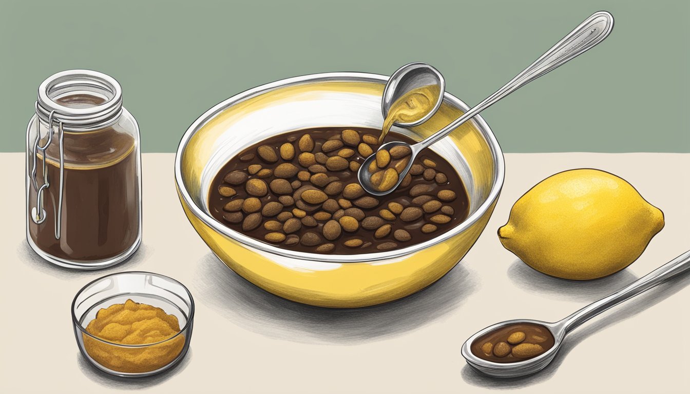 A bowl of tamarind paste next to a bowl of lemons, with a measuring spoon pouring tamarind into a dish of food