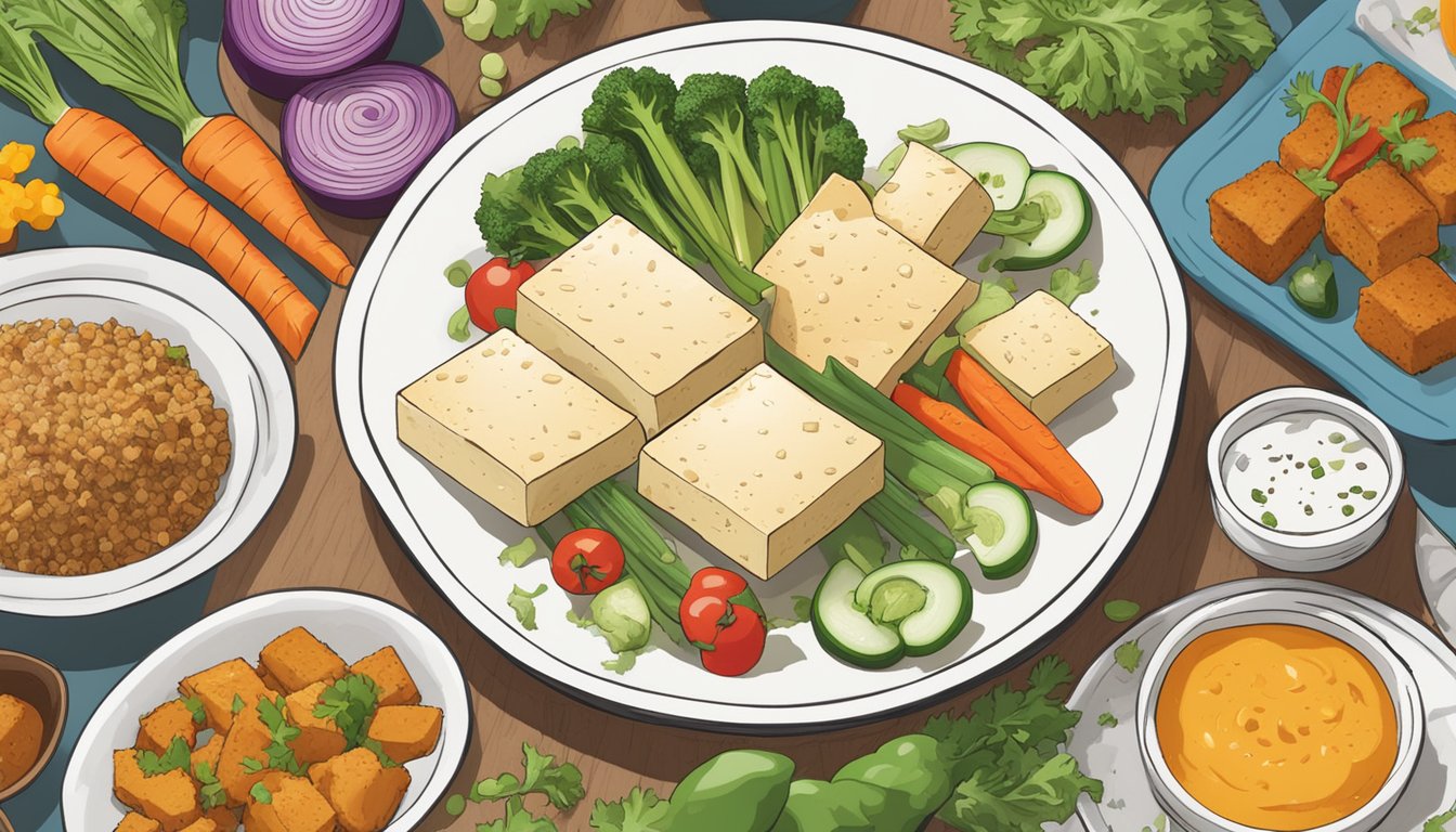 A plate of tofu prepared in a variety of ways, surrounded by colorful vegetables and seasonings, with a sign reading "Tofu: A Healthy Chicken Substitute" in the background